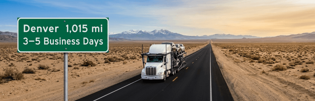 Car carrier truck on a desert highway under a sign reading Denver 1,015 mi, 3 to 5 business days