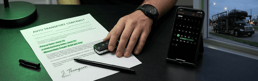 Hand on car keys beside a signed auto transport contract and a phone showing a delivery calendar