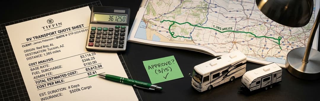RV transport quote sheet with costs per mile beside a calculator, route map and toy motorhomes