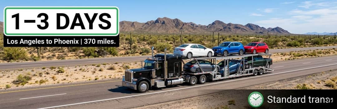 Car carrier on a desert highway with a 1 to 3 days label for Los Angeles to Phoenix, 370 miles
