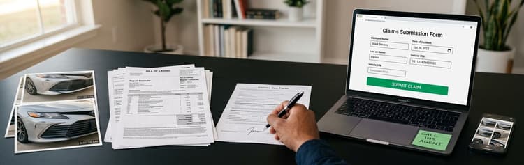 Hand filling out a damage claim with photos and invoices beside a laptop showing a claim submission form