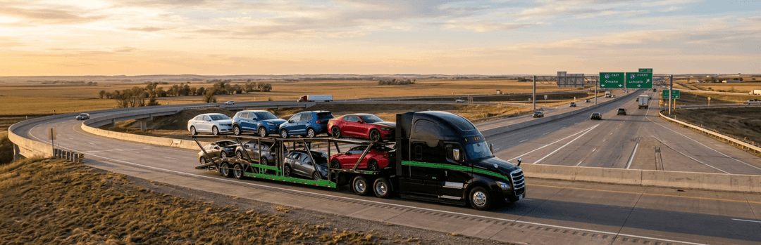 Loaded open car carrier driving along an I-80 highway curve across the Nebraska prairie at sunrise