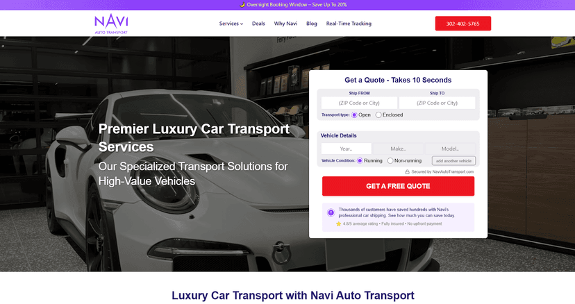 Navi Auto Transport homepage with a white Porsche, Premier Luxury Car Transport Services headline and quote form