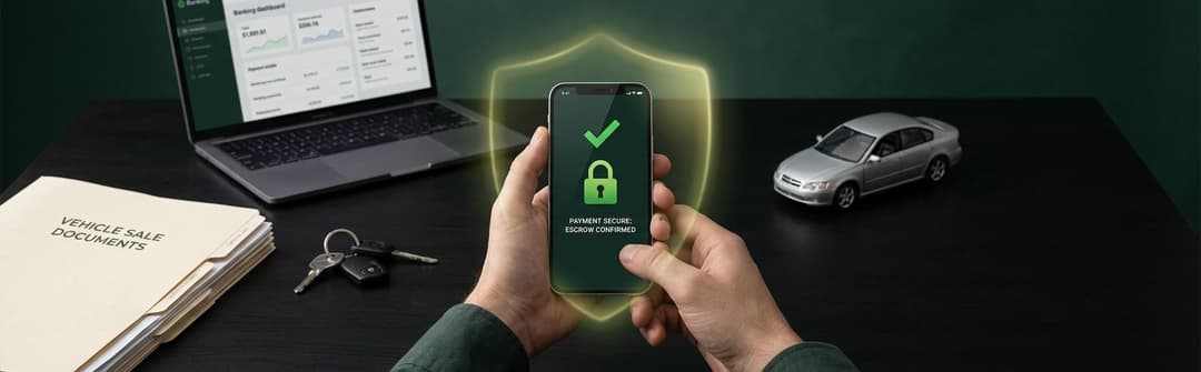 Hands holding a phone showing a green escrow lock and check, with title papers and car keys on the desk