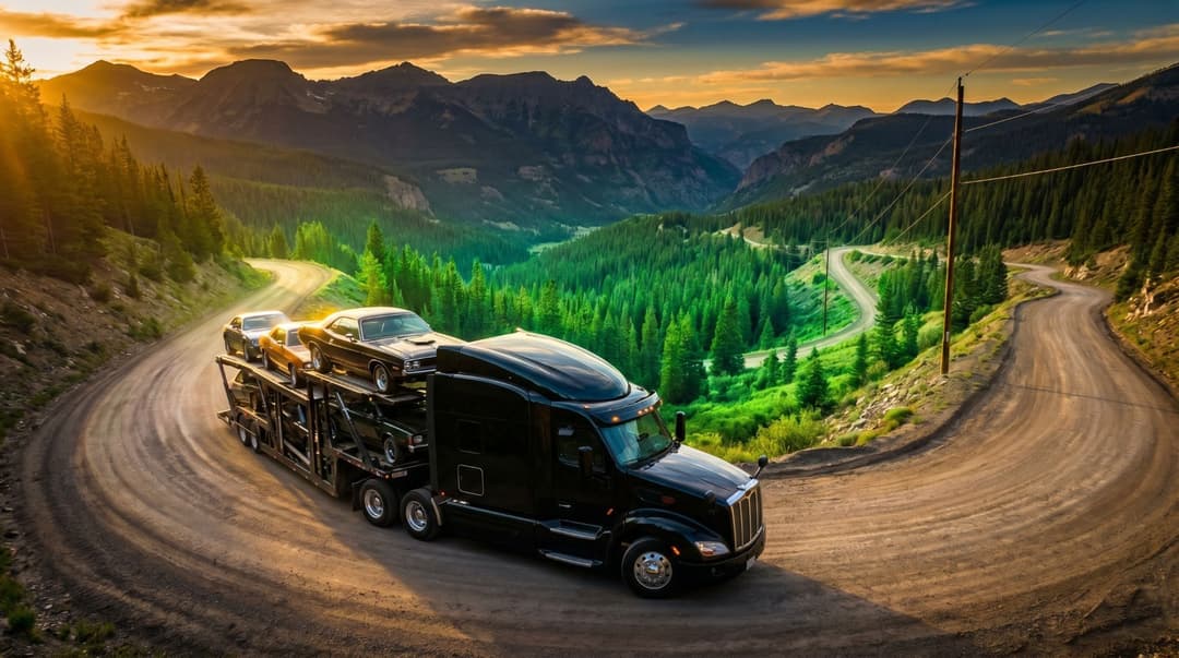Loaded car carrier truck rounding a winding mountain road through a forested valley at sunset