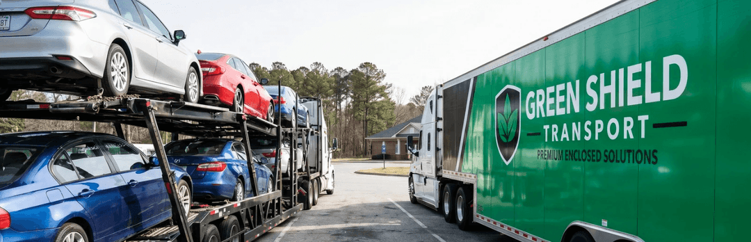 Open carrier loaded with cars parked beside a green enclosed trailer labelled Green Shield Transport