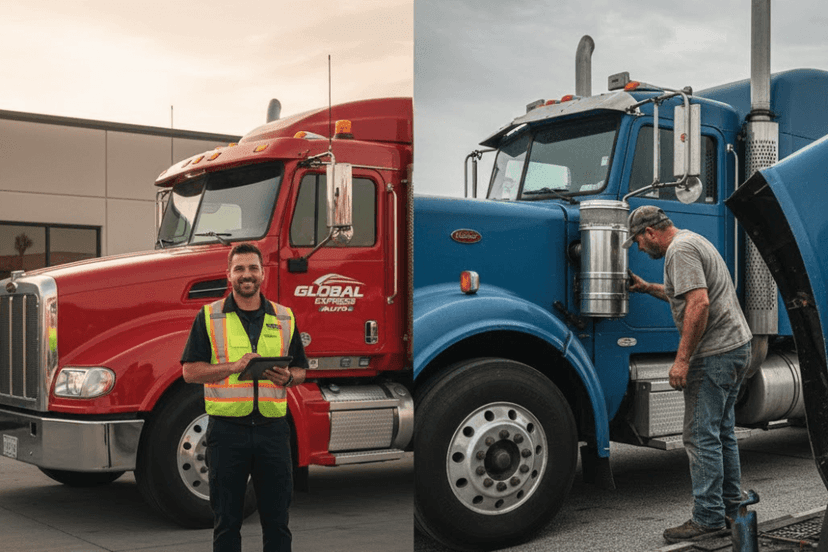 Company driver with a clipboard beside a red rig and an owner-operator fueling his own blue semi truck
