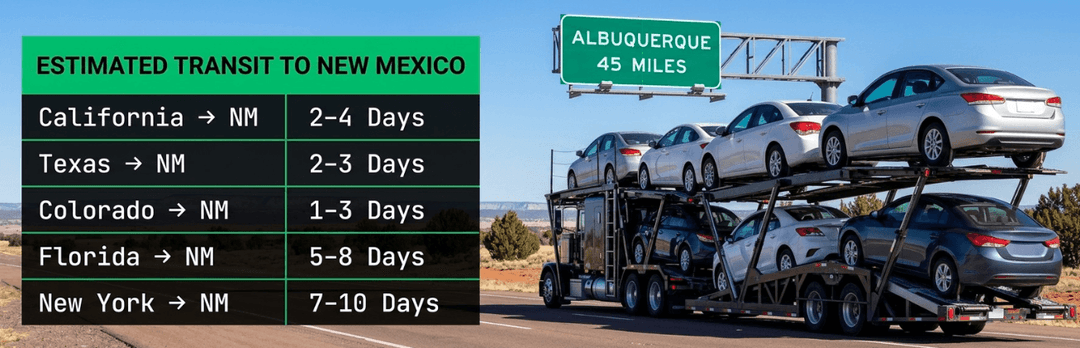 Transit times to New Mexico: California 2 to 4 days, Texas 2 to 3, Colorado 1 to 3, New York 7 to 10