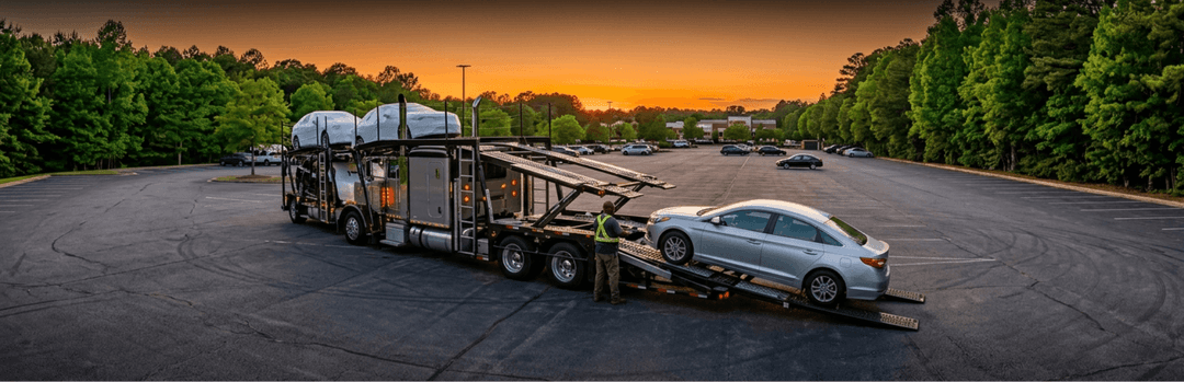 Open car carrier loading a silver sedan in an empty lot surrounded by trees at sunset