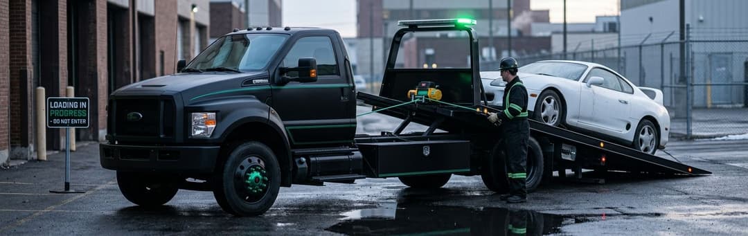 Tow truck driver loading a white car onto a tilted flatbed with a winch in a wet lot