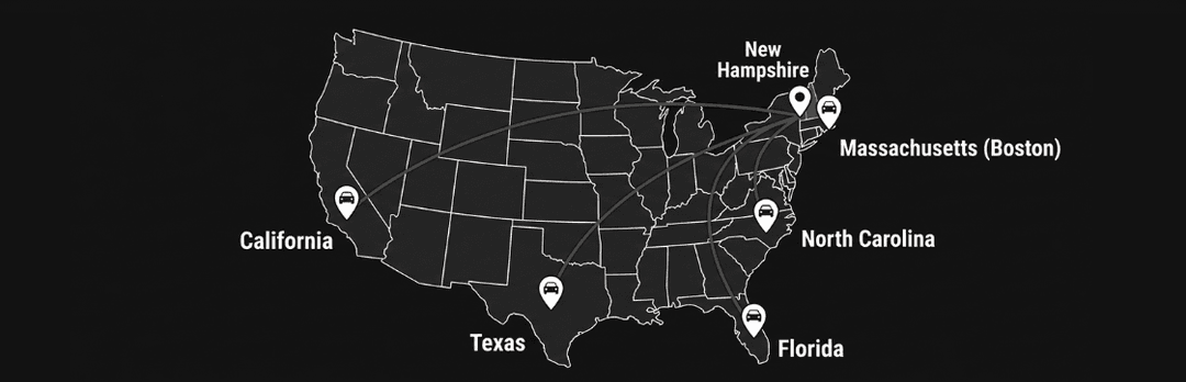 Dark US map pinning New Hampshire, Massachusetts, North Carolina, Florida, Texas and California shipping routes