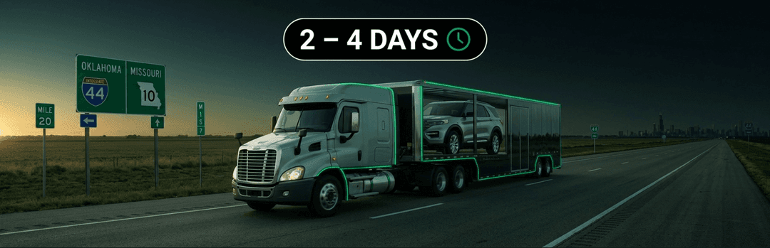 Enclosed car transport truck on an open highway at dusk under a 2 to 4 days transit time label