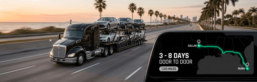 Car carrier on a palm-lined Florida highway beside a Dallas to Miami route map reading 3 to 8 days door to door