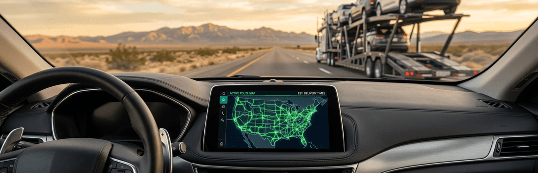 Car dashboard with a US map on the navigation screen while following a car carrier down a desert highway