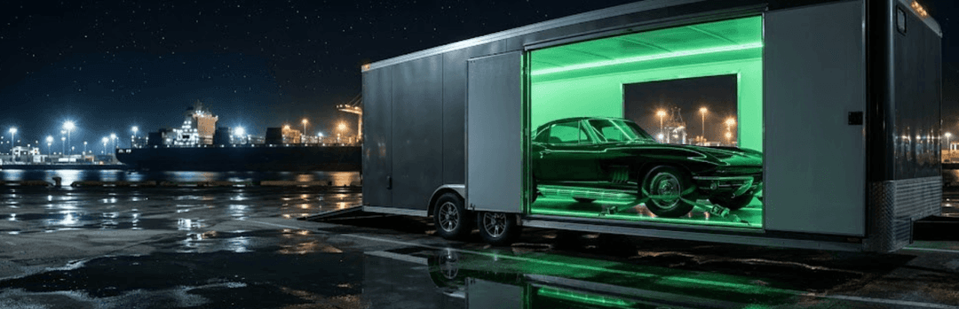 Classic sports car inside an enclosed transport trailer lit in green at a wet port terminal at night, with a cargo ship