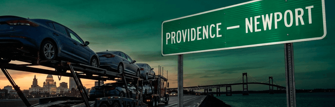 Loaded car carrier at dusk beside a green Providence to Newport sign and a bridge in the distance