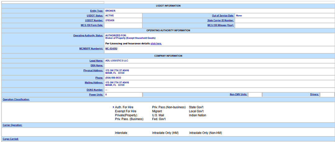 ADL Logistics MC Number, USDOT, and License Verification