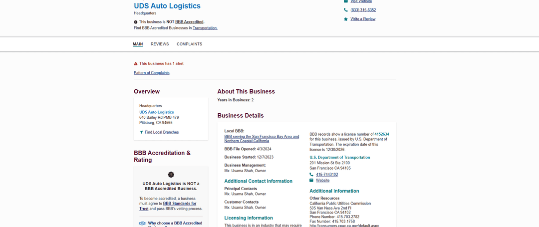 Screenshot of the UDS Auto Logistics BBB business profile showing accreditation and business details