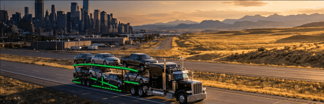 Car carrier truck crossing golden Wyoming plains with a city skyline and mountains behind it