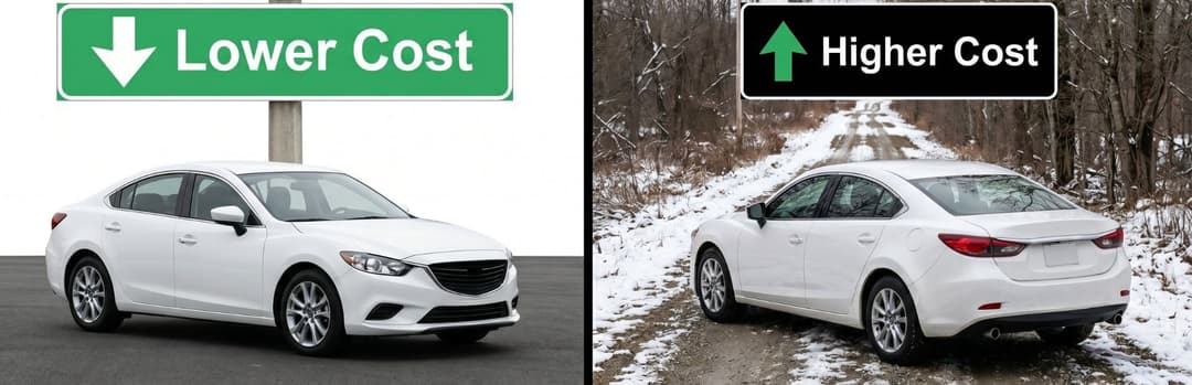 Split view of a white sedan on a clear road marked lower cost and on a snowy rural lane marked higher cost