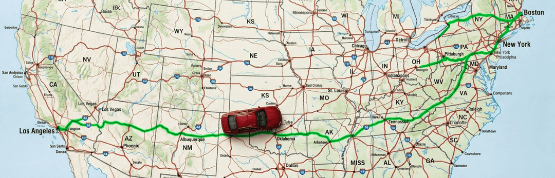 US map with a highlighted cross-country car shipping route from Los Angeles to New York and Boston, with a red car