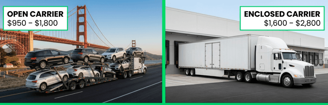 Open carrier from San Francisco at $950 to $1,800 versus an enclosed carrier at $1,600 to $2,800