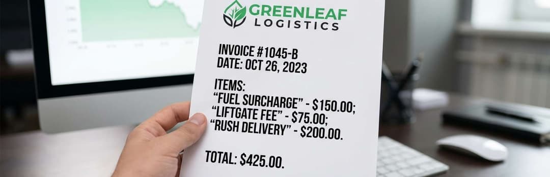 Hand holding an invoice listing a $150 fuel surcharge, $75 liftgate fee and $200 rush delivery, total $425