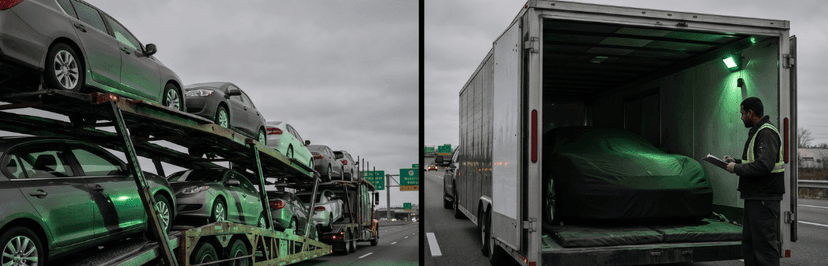 Open car carrier loaded with cars next to an enclosed trailer where a driver checks a covered car