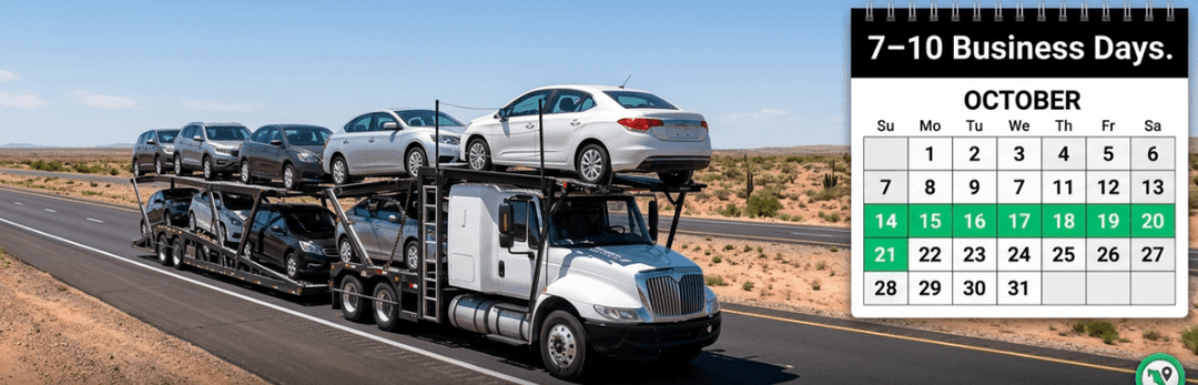 Loaded car carrier on a desert highway beside an October calendar marking 7 to 10 business days to Florida