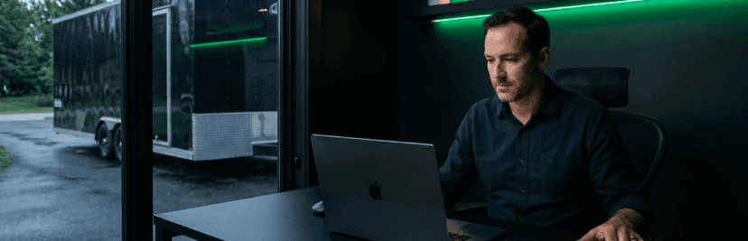 Man reviewing a luxury car shipping quote on a laptop near an enclosed trailer