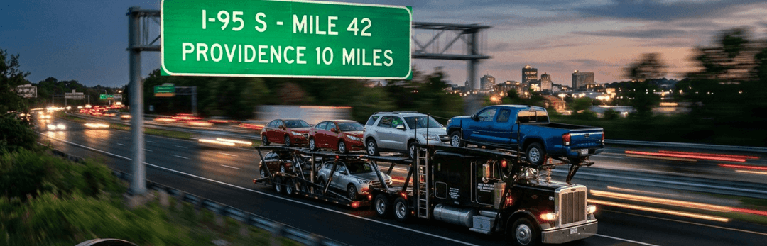 Loaded car carrier on I-95 South at dusk under a sign reading Providence 10 Miles