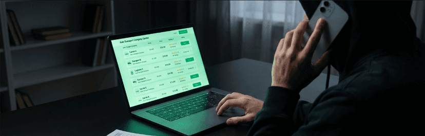 Person on the phone comparing car shipping companies on a laptop in a dark room