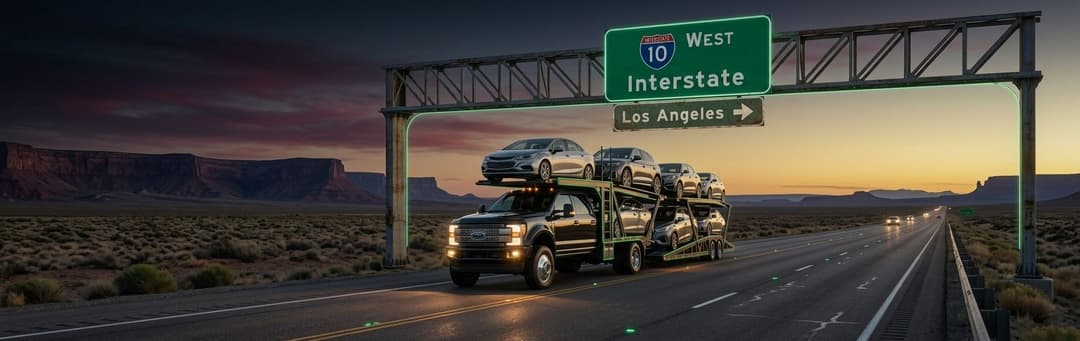 Car carrier passing under an I-10 West sign toward Los Angeles across the desert at sunset