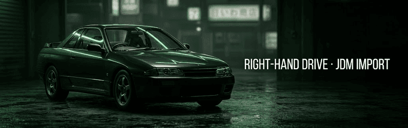 Dark classic Japanese sports car in a garage, labeled Right-Hand Drive JDM Import