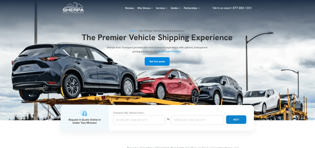 Sherpa Auto Transport homepage reading The Premier Vehicle Shipping Experience with a car carrier photo