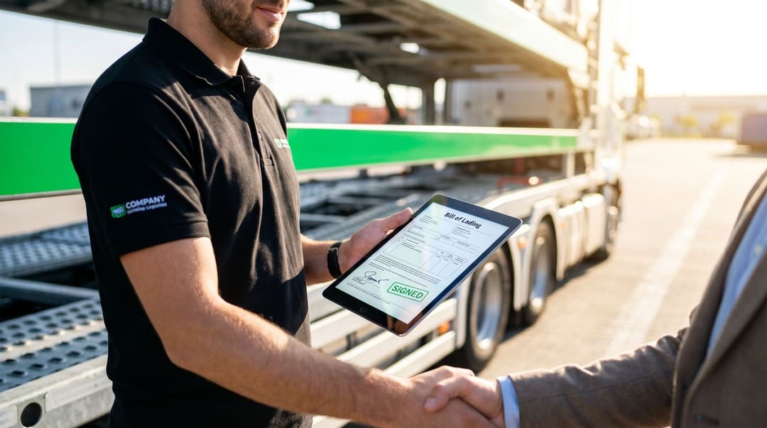 Carrier driver holding a tablet shaking hands with a customer beside a car transport trailer