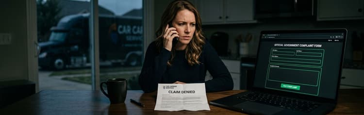 Frustrated woman on the phone at a desk with a laptop and a claim denied letter