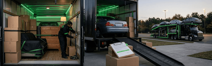 Mover loading boxes and a car into a household goods truck, next to a car carrier at a loading ramp