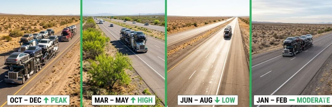 Four highway panels showing seasonal demand: Oct to Dec peak, Mar to May high, Jun to Aug low, Jan to Feb moderate