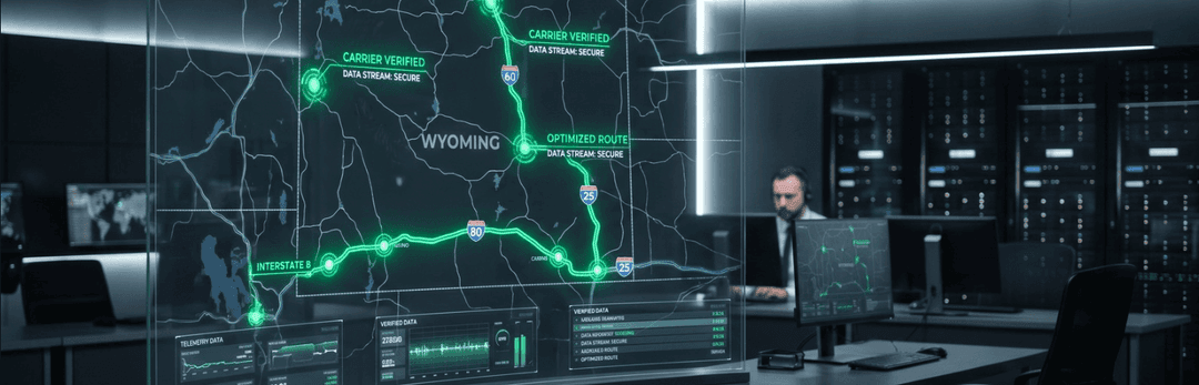 Dispatcher at a desk in front of a wall-sized glowing map of Wyoming shipping routes