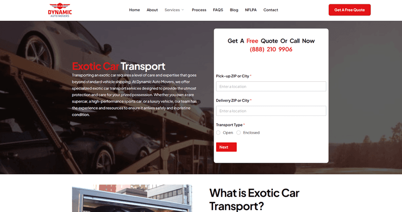 Dynamic Auto Movers exotic car transport webpage with a car carrier photo and a free quote request form