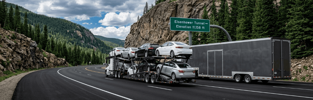 Open car carrier and enclosed trailer climbing a mountain road toward the Eisenhower Tunnel in the Rockies