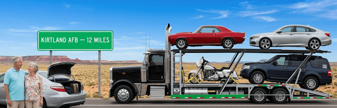 Retired couple by a Kirtland AFB 12 miles sign as a carrier hauls cars, a motorcycle and a classic car