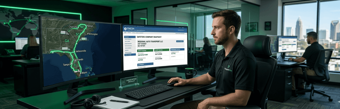 Broker at a desk with monitors showing a Southeast route map and carrier details for Florida to North Carolina