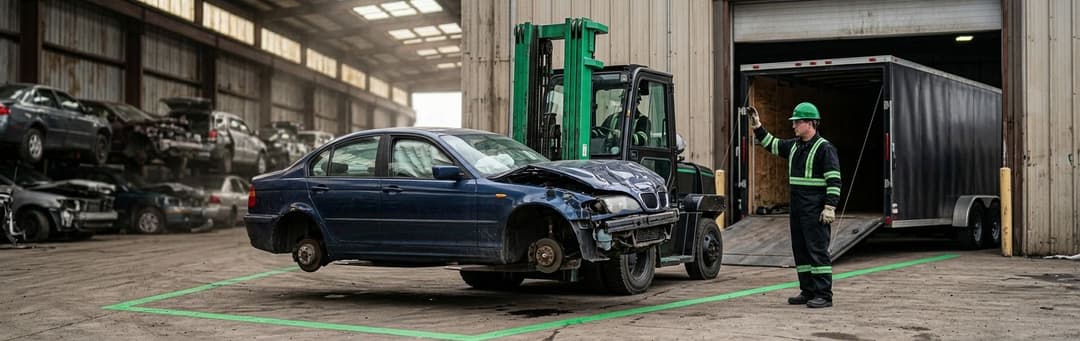 Forklift lifting a damaged blue sedan toward a trailer while a worker in a vest directs it