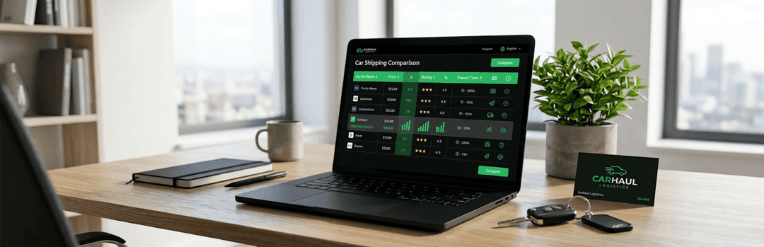 Laptop on a desk showing a car shipping company comparison table next to a potted plant