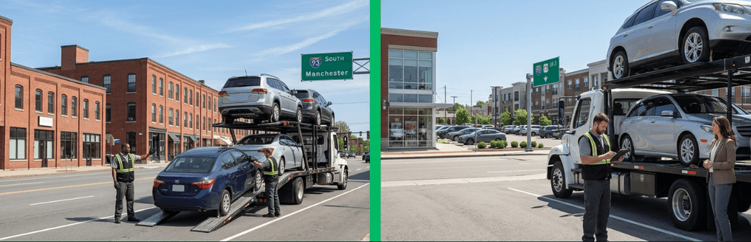 Car carriers loading on downtown Manchester and Nashua streets with drivers checking vehicles