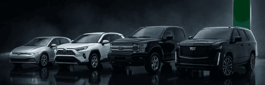 Sedan, compact SUV, pickup truck and large SUV lined up side by side in a dark studio