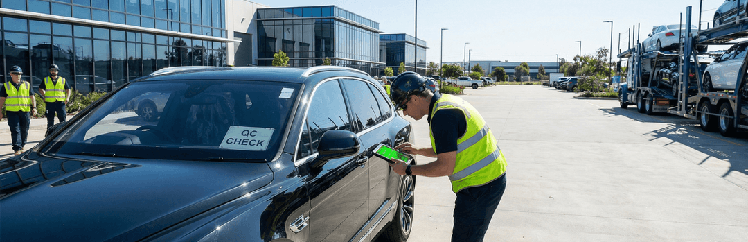 Inspector in a high-visibility vest checking a black sedan beside a loaded car carrier in a parking lot