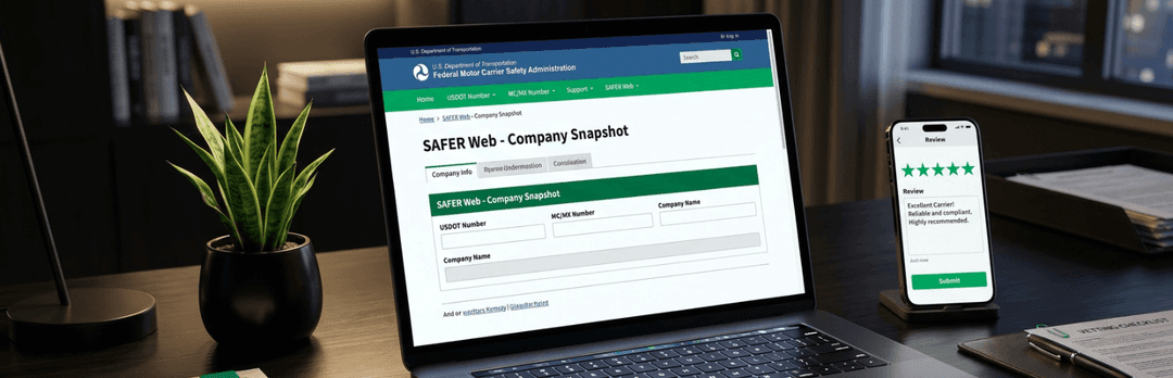 Laptop on a desk showing the FMCSA SAFER Web company snapshot, with a phone displaying carrier star reviews